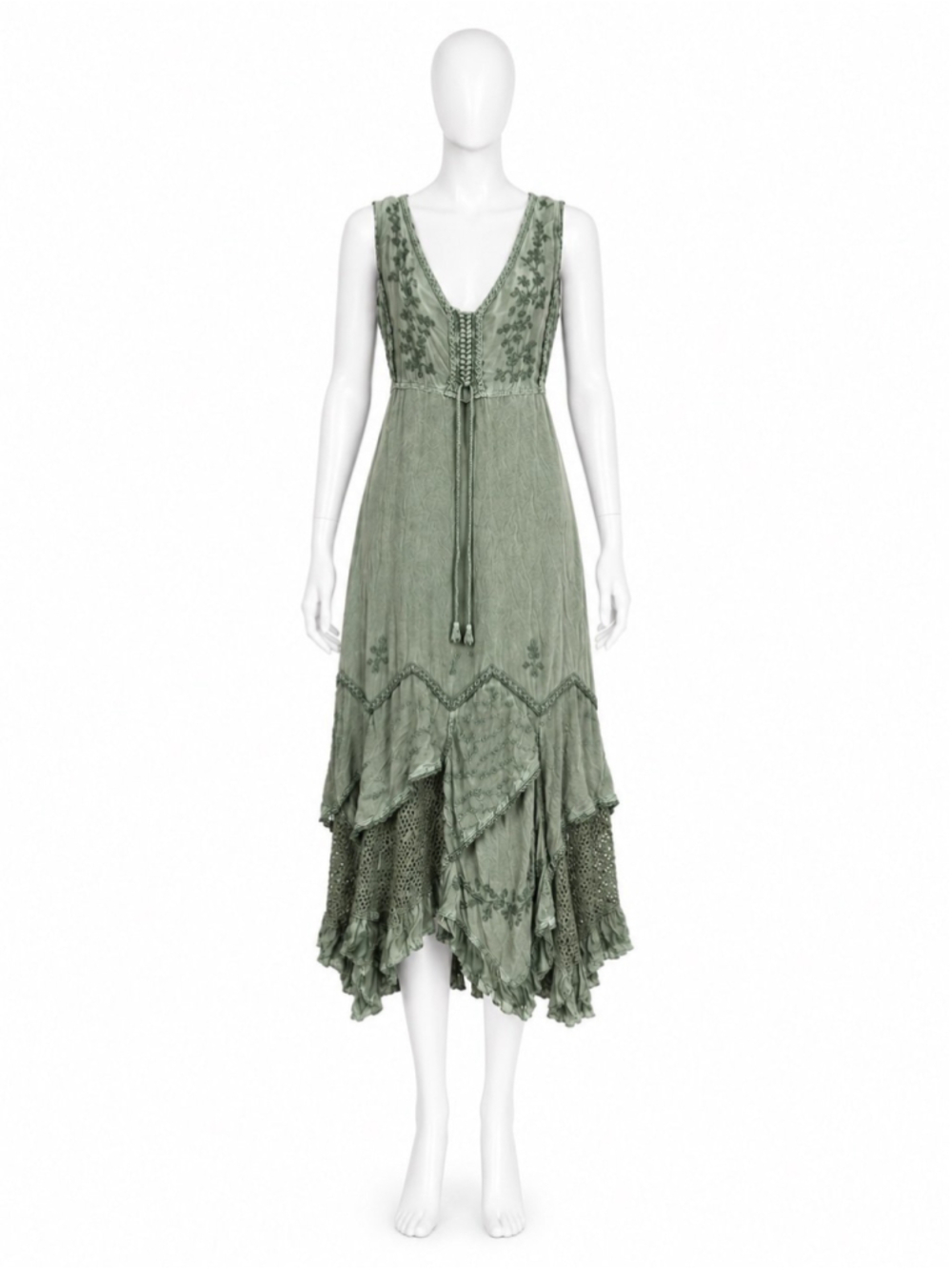 90s vintage Maxi Bohemian Smocked Dress Corset Peasant Embroidered Green layered